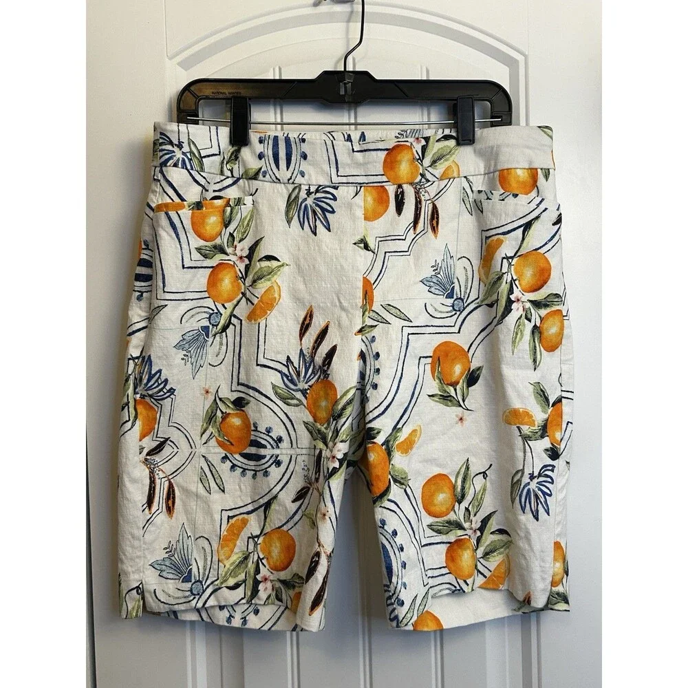 Chico’s Orange Citrus Print Bermuda Shorts Size 1 (US 14) Summer Resort Linen